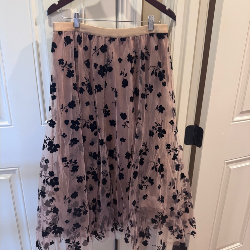 Chicwish Blush Pink Tulle Midi Skirt with Black Floral Appliqué